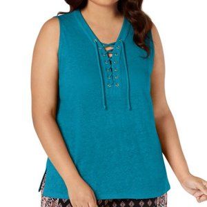 CLEARANCE SALE! 
INC Womens Blue Linen Blend Lace-Up Slub Tank